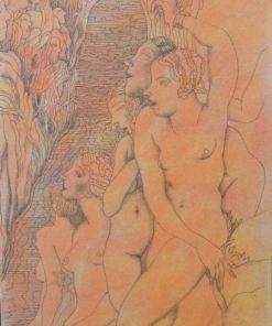 Manuel Alcorlo - "Un jardín de las delicias" dibujo tinta y aguada papel, enmarcado