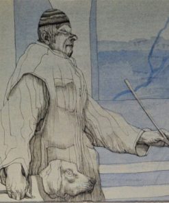 Manuel Alcorlo - "El ciego y su perro" dibujo tinta y acuarela cartulina, enmarcado