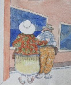 Manuel Alcorlo - "En la exposición" dibujo tinta y acuarela cartulina, enmarcado