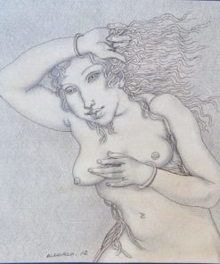 Manuel Alcorlo - "Desnuda con el cabello al viento" dibujo tinta cartulina, enmarcado