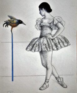 Luis V. Ortés - "Bailarina y pájaro del norte" dibujo técnica mixta cartulina, enmarcado
