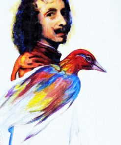 Luis V. Ortés - "El maestro y pájaro rojo" pintura oleo y collage sobre lienzo, enmarcado