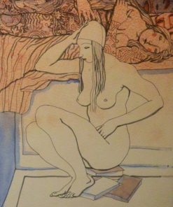 Manuel Alcorlo - "Joven desnuda sentada en los libros" dibujo técnica mixta cartulina, enmarcado