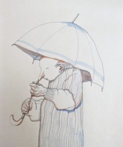 Manuel Alcorlo - "El paraguas" dibujo tinta y acuarela papel, enmarcado