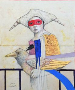 Luis V. Ortés - "Personaje anónimo con gran pájaro de cola azul" técnica mixta sobre cartulina, enmarcado