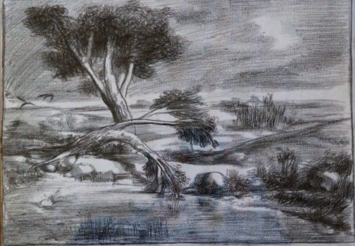 Juan Barba - "Paisaje" dibujo carboncillo papel, enmarcado