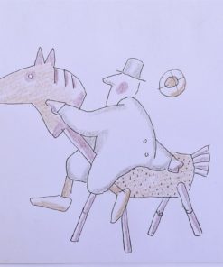 Manuel Alcorlo - "El caballo de madera" dibujo técnica mixta papel, enmarcado