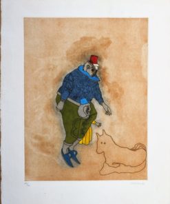 Jorge Castillo 97 - "Clowns con perro" grabado papel artesanal, enmarcado