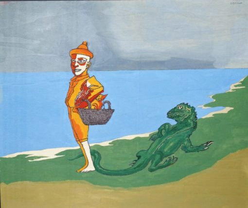 Jorge Castillo - "Clown del circo y su cocodrilo" pintura original acrílico sobre tabla, enmarcado
