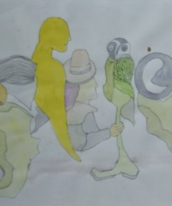 Jorge Castillo - "Buho y personaje amarillo" dibujo tinta y acrílico papel, enmarcado