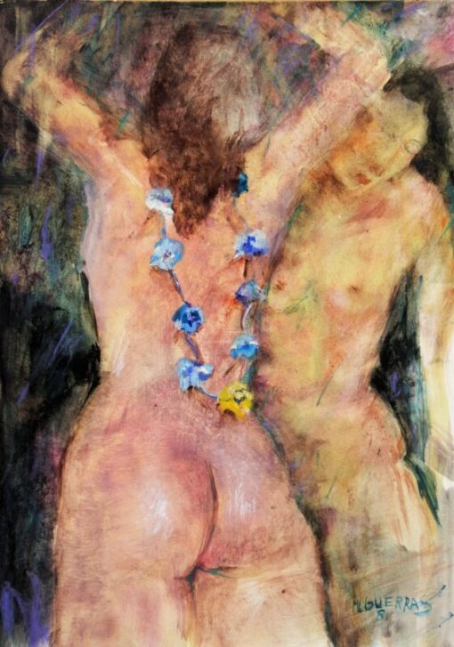 Anónimo - "La noche de San Juan" pintura acuarela sobre cartulina, enmarcado. Firmado M. Guerras
