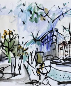 Javier Montesol - "Barcelona Diagonal" dibujo original acuarela sobre página de catálogo de grabados de Picasso