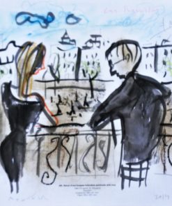 Javier Montesol - "Barcelona Las Ramblas" dibujo original acuarela sobre página de catálogo de grabados de Picasso