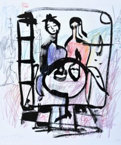 Javier Montesol - "Pareja en la terraza" dibujo original acuarela sobre página de catálogo de grabados de Picasso