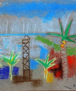 Javier Montesol - "Port Olimpic Barcelona" dibujo original pastel sobre papel