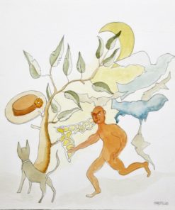Jorge Castillo - "Walking the dog" dibujo tinta y acuarela papel, enmarcado