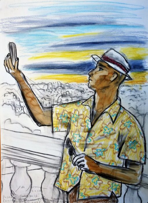 Javier de Juan - "Paseo por Madrid, camisa havaiana en plaza de Oriente" dibujo original carboncillo y oleo en barra papel