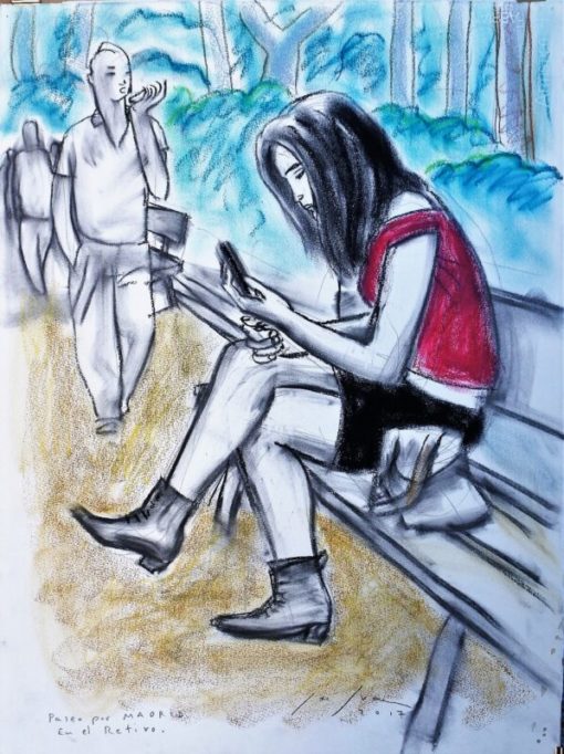 Javier de Juan - "Paseo por Madrid, en el Retiro" dibujo original carboncillo y oleo en barra papel