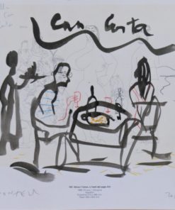 Javier Montesol - "Barcelona, terraza Can Costa" dibujo original acuarela sobre página de catálogo de grabados de Picasso
