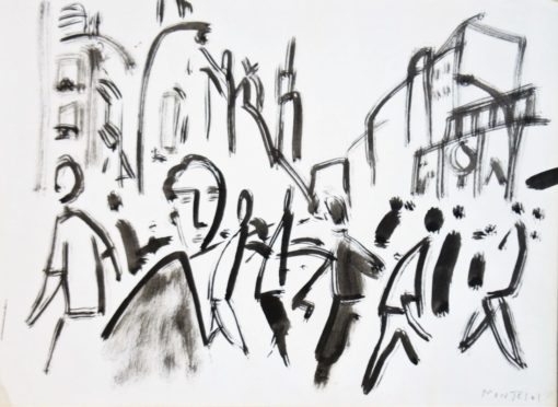 Javier Montesol - "Madrid, la Gran Vía, paso de peatones" dibujo original acuarela papel