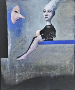 Luis V. Ortés - "La loca de Kérkyra y el oráculo" pintura técnica mixta y collage sobre madera, enmarcado