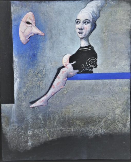 Luis V. Ortés - "La loca de Kérkyra y el oráculo" pintura técnica mixta y collage sobre madera, enmarcado