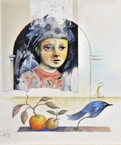 Luis V. Ortés - "Pájaro azul" dibujo original técnica mixta cartulina, enmarcado