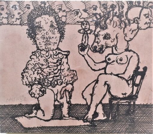 Jorge Castillo 1958 - "Comediantes" dibujo original tinta y lavado sobre papel, enmarcado