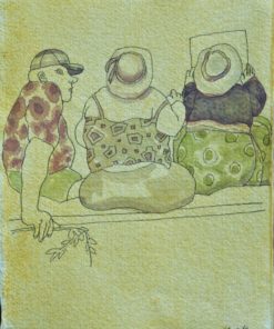 Manuel Alcorlo - "Conversación al sol" dibujo original tinta y acuarela papel artesanal, enmarcado