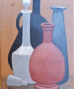Manuel de las Casas - "Bodegón con botellas" pintura oleo sobre lienzo, con marco artesanal