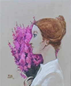 Manuel de las Casas - "Mujer joven de perfil con flores" pintura oleo sobre lienzo, con marco artesanal