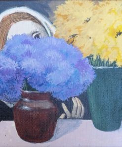 Manuel de las Casas - "Flores azules y amarillas" pintura oleo sobre lienzo, con marco artesanal