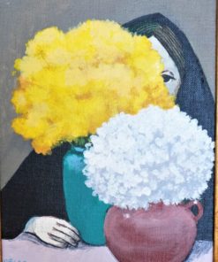 Manuel de las Casas - "Flores blancas y amarillas" pintura oleo sobre lienzo, con marco artesanal