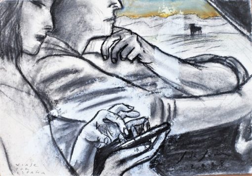 Javier de Juan - "Viaje por España" dibujo original carboncillo y acrílico sobre papel artesanal, enmarcado