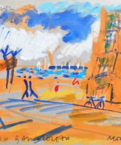 Javier Montesol - "Vista de la Barceloneta" dibujo original, técnica mixta sobre cartón