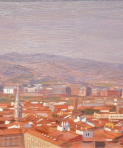 Manuel Terán 2007 - "Bilbao, Vista urbana con horizonte" pintura técnica mixta sobre tabla, con marco artesanal