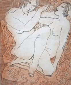 Manuel Alcorlo - "Dos amigas retozonas" dibujo original técnica mixta papel, enmarcado