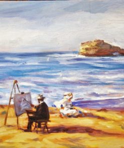 Manuel Terán - "Sorolla pintando en Biarritz" pintura oleo sobre tabla, con trasera de madera pintada por el artista, catalogado