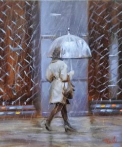 Manuel Terán - "A propósito de la lluvia, paraguas blanco" pintura oleo sobre tabla