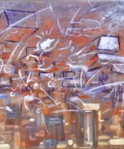 Manuel Terán - "Santiago, Santiago centro, ecléctico tributo a los genios, Roberto Matta" pintura oleo sobre tabla, enmarcado