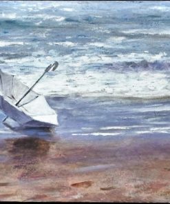 Manuel Terán - "Paraguas en la playa" pintura oleo sobre lienzo, enmarcado