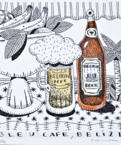 Fernando Bellver - "De cervezas por el mundo, Bleu Café, Belize" litografia iluminada a mano