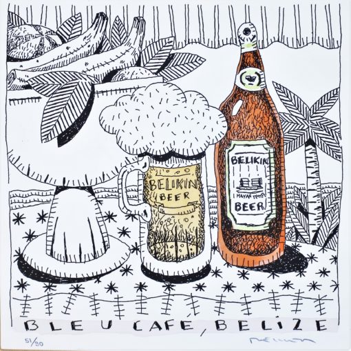 Fernando Bellver - "De cervezas por el mundo, Bleu Café, Belize" litografia iluminada a mano