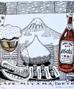 Fernando Bellver - "De cervezas por el mundo, Café Miyama, Tokio" litografia iluminada a mano