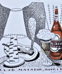 Fernando Bellver - "De cervezas por el mundo, Club Matador, Madrid" litografia iluminada a mano