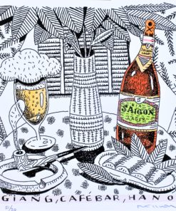Fernando Bellver - "De cervezas por el mundo, Giang café bar, Hanoi" litografia iluminada a mano