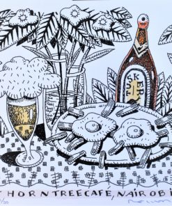 Fernando Bellver - "De cervezas por el mundo, Thorntree Café, Nairobi" litografia iluminada a mano