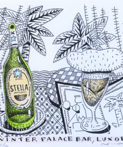 Fernando Bellver - "De cervezas por el mundo, Winter Palace bar, Luxor" litografia iluminada a mano