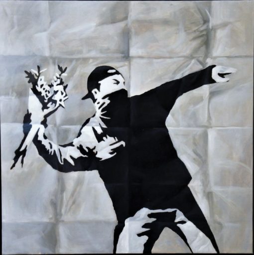 Manuel Terán - "Ecléctico tributo a los genios, Banksy" pintura oleo sobre lienzo, enmarcado en caja de metacrilato