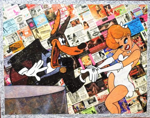 Daniel P. Decker - "El no ya lo tienes" pintura original oleo sobre collage de panfletos de ocio adulto, enmarcado